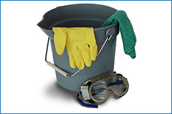Bucket with gloves, microfiber, and goggles