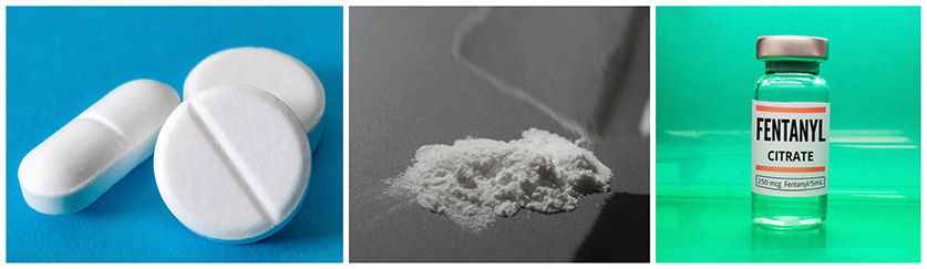 Fentanyl in three different forms, including pills, powder, and liquid