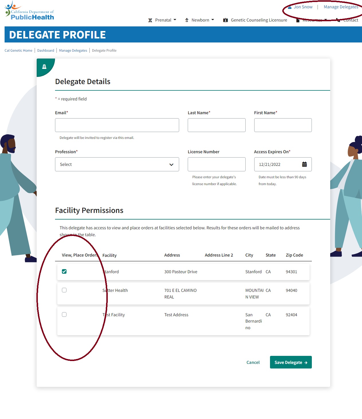 CalGenetic Portal screenshot showing how to change facility permissions