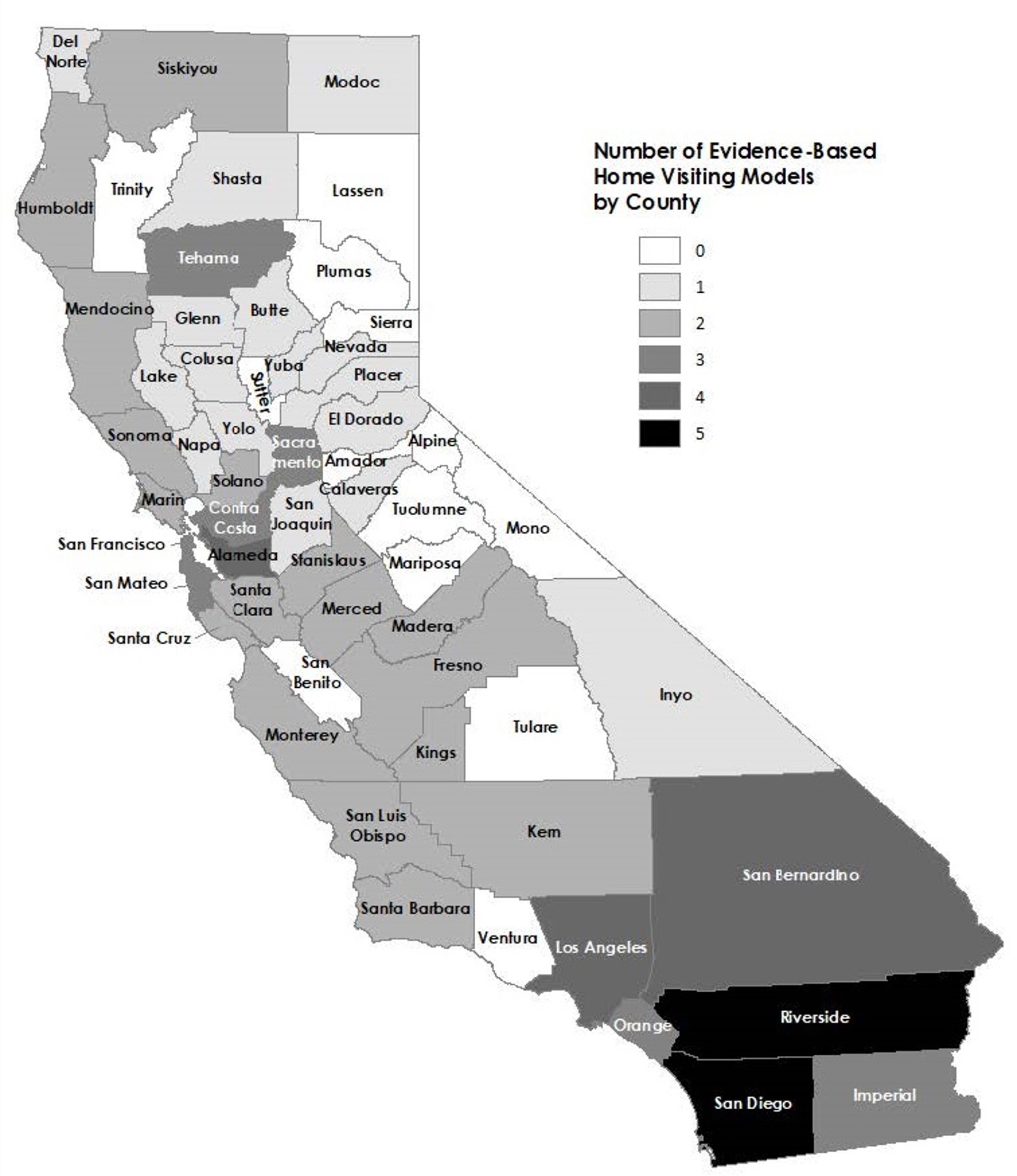 California map conveying number of evidence-based Home Visiting models by county.
