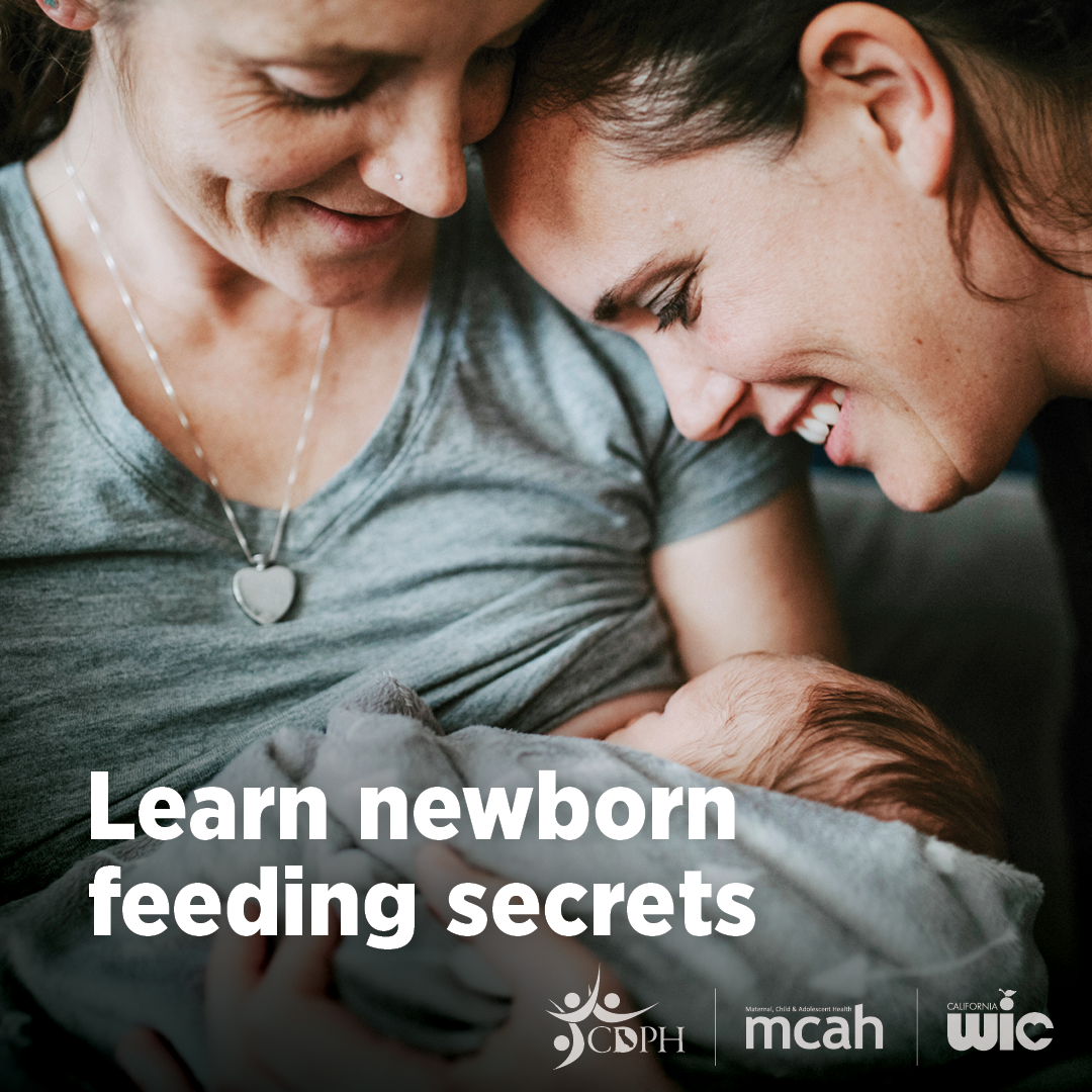 Breastfeeding couple with caption learn newbord feeding secrets