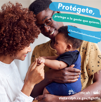 Young black couple playing with infant child with Spanish captions