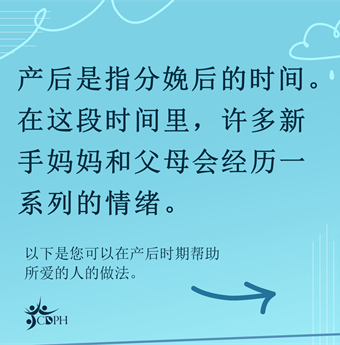 In simplified chinese: Postpartum is the time after childbirth. Many new mothers and parents experience a range of emotions during this time.