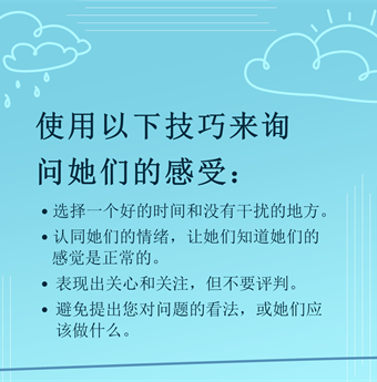 In simplified chinese: Use these tips to ask how they are feeling.