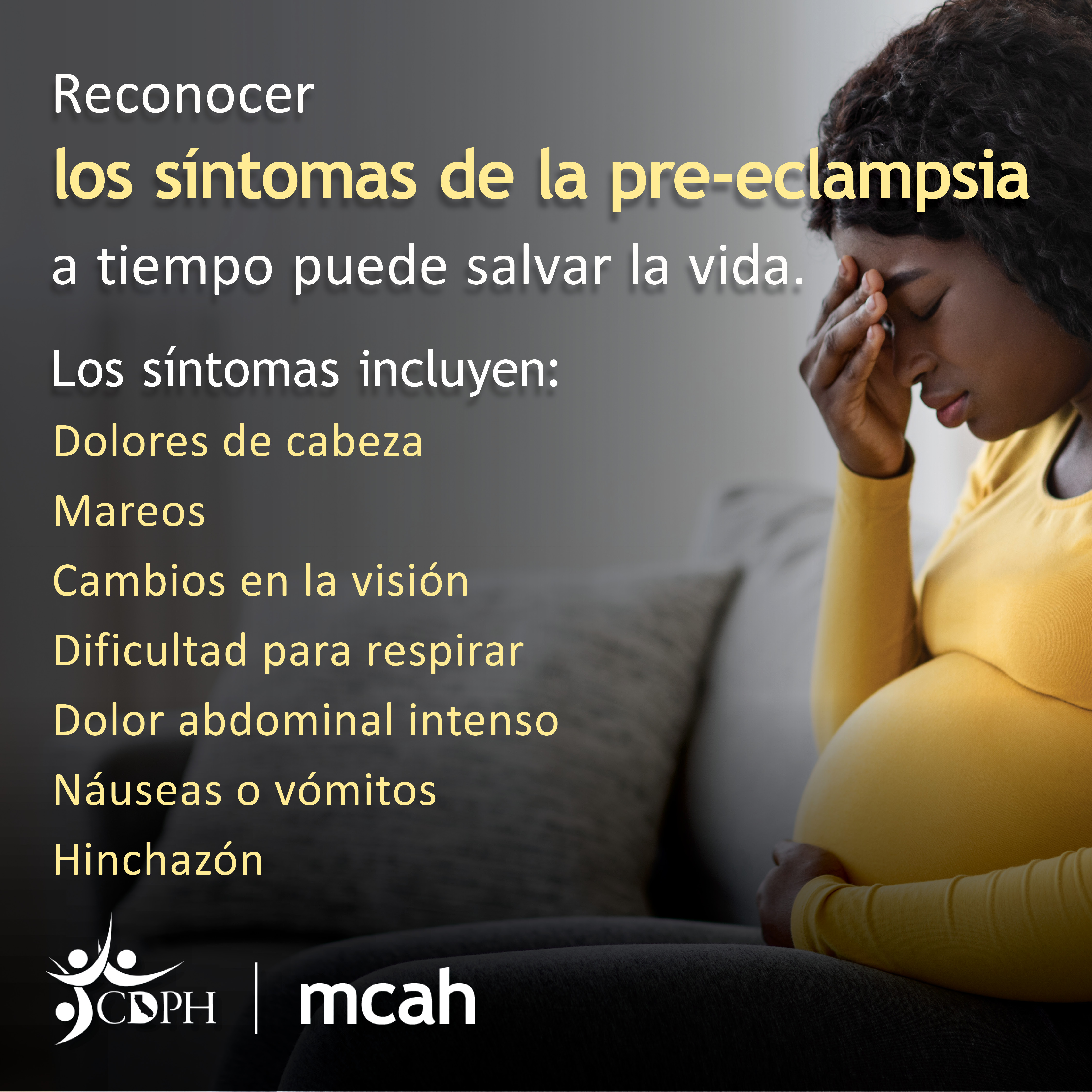 Spanish caption 'Recognizing preeclampsia symptoms early can be livesaving.'
