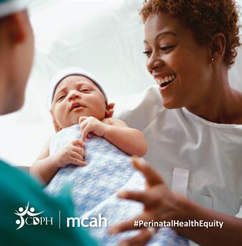 downloadable photo of black mother receiving her newborn from medical professional