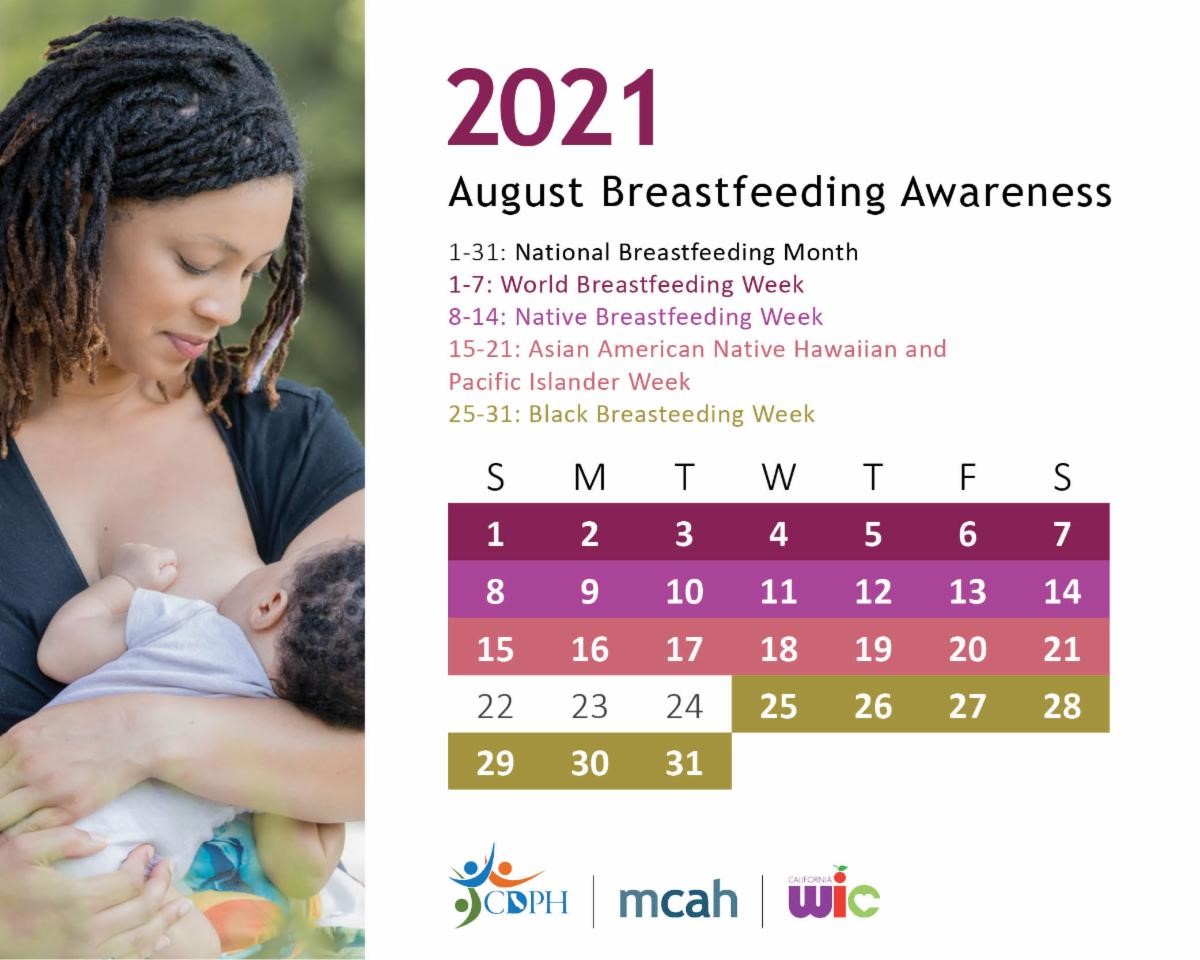 August breastfeeding awareness calendar captioning national breastfeeding month, world breastfeeding week, native breastfeeding week, asian american native hawaiian and pacific islander week, and black breastfeeding week