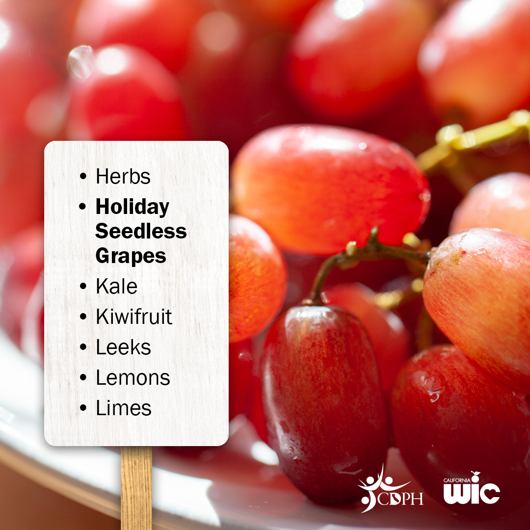 Red grapes and list of: herbs, seedless grapes, kale, kiwifruit, leeks, lemons, limes.