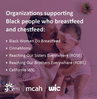 Breastfeeding Month social media English 5: Organizations supporting Black People who breastfeed and chestfeed: Black Women Do Breastfeed, Cinnamoms, Reaching Our Sisters Everywhere (ROSE), Reaching Our Brothers Everywhere (ROBE), California WIC