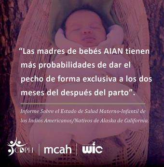 Breastfeeding Month social media Spanish 10. Las madres de bebés AIAN tienen más probabilidades de dar el pecho de forma exclusiva a los dos meses del después del parto. Informe Sobre el Estado de Salud Materno-Infantil de los Indios Americanos/Nativos de Alaska de California.