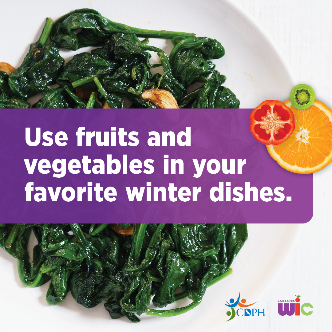 Use fruits and vegetables in your favorite winter dishes. Plate of cooked spinach.