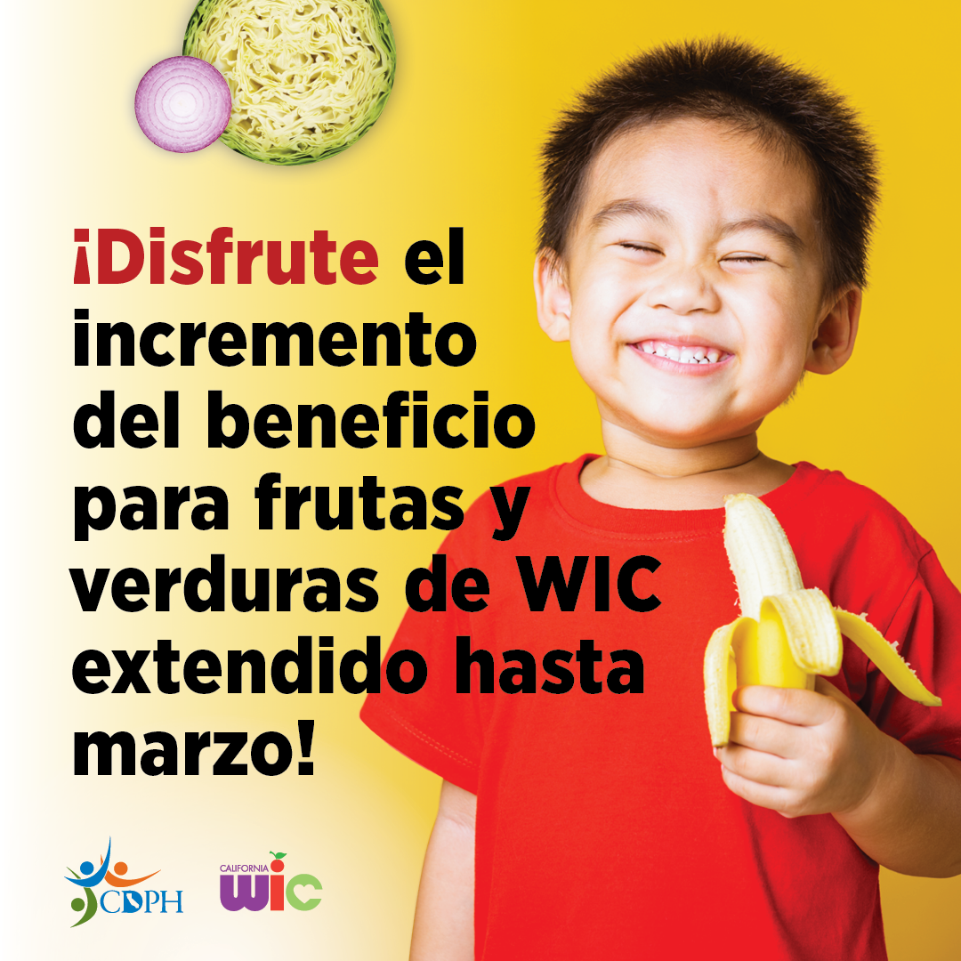 ¡Disfrute el incremento del beneficio para frutas y verduras de WIC extendido hasta marzo! Child holding banana