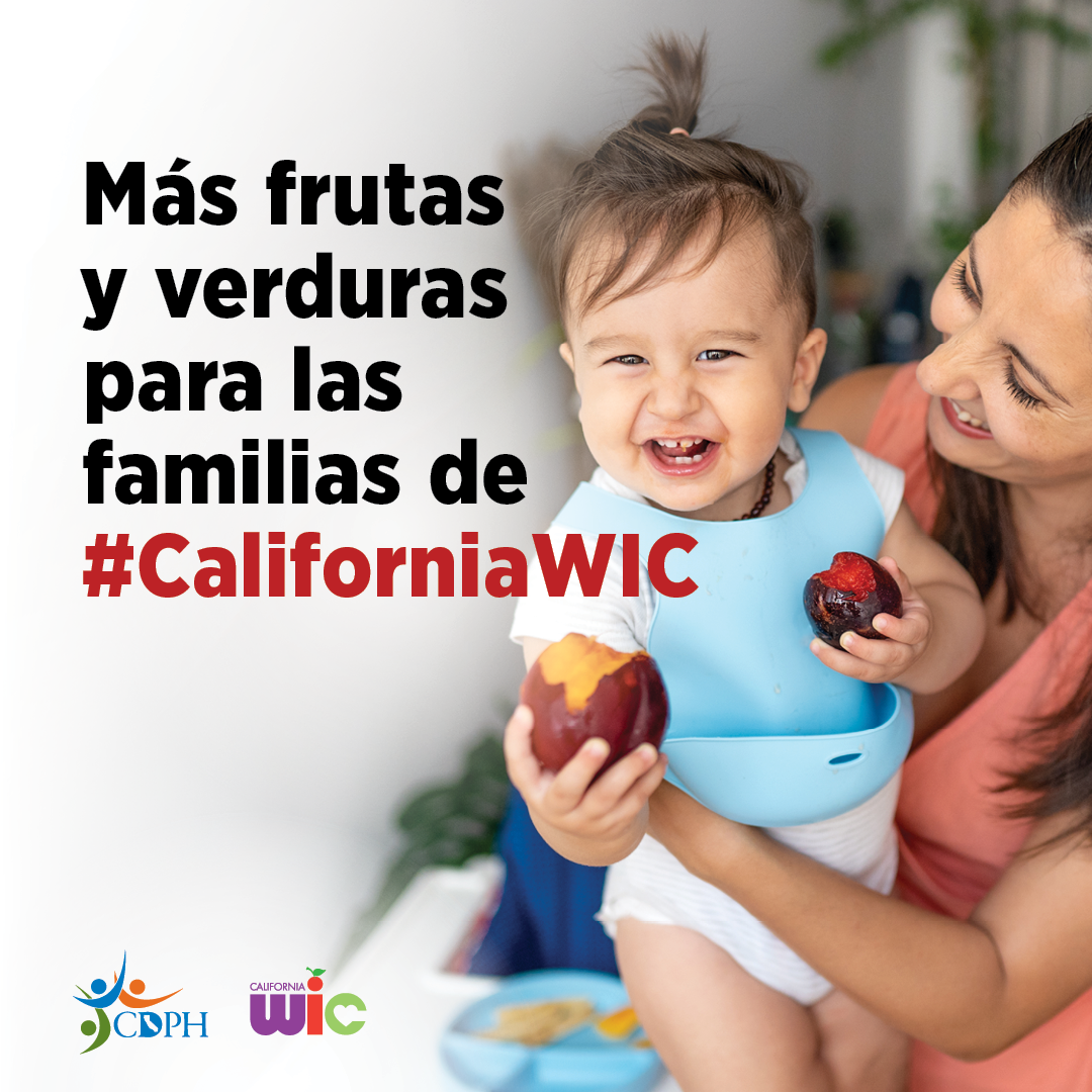 Más frutas y verduras para las familias de #CaliforniaWIC. Child holding fruits.
