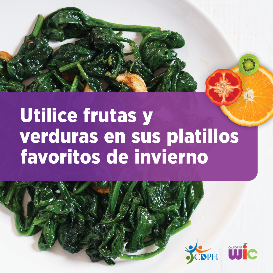 Utilice frutas y verduras en sus platillos favoritos de invierno. Plate of cooked spinach.