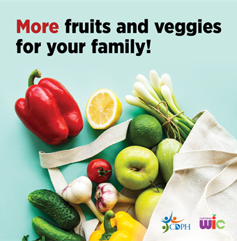 More fruits and veggies for your family! Vegetables and fruits and a canvas bag