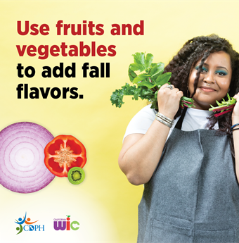 Use fruits and vegetables to add fall flavors. Person with apron holding leafy greens.