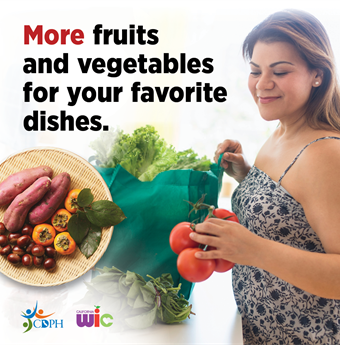 More fruits and vegetables for your favorite dishes. Person holding tomatoes with a bag of groceries on the counter.