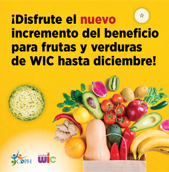 ¡Disfrute el nuevo incremento del beneficio para frutas y verduras de WIC hasta diciembre! Vegetables and fruits arranged as through flowing out of paper bag