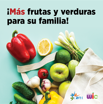 ¡Más frutas y verduras para su familia! Vegetables and fruits and a canvas bag