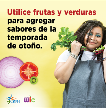 Utilice frutas y verduras para agregar sabores de la temporada de otoño. Person with apron holding leafy greens.