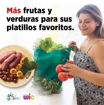 Más frutas y verduras para sus platos favoritos. Person holding tomatoes with a bag of groceries on the counter.