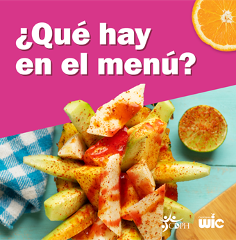 What is on the menu? Fruit and vegetables with sauce and spices. Spanish.