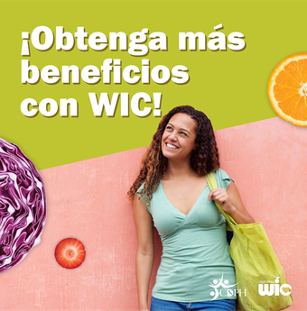 Get more with WIC! Person with shopping bag.