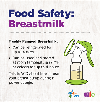 Food Safety: Breastmilk. Freshly Pumped Breatmilk: Can be refrigerated for up to 4 days. Can be used and stored at room temperature (77 degrees or colder) for up to 4 hours. Talk to WIC about how  to use your breast pump during a power outage.
