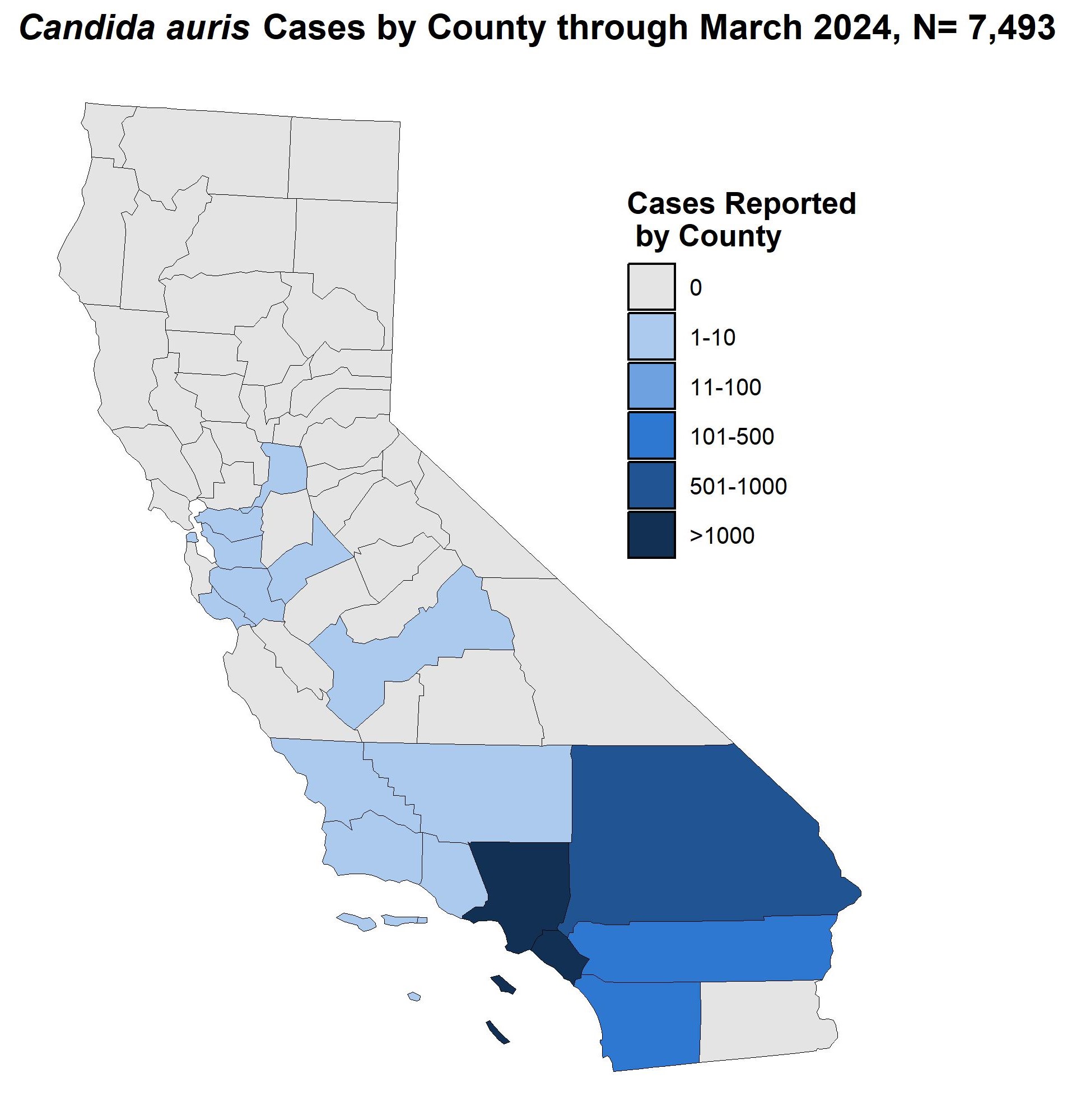 Map of CA counties: C. auris case counts Sept2022-March2024, n=7493. LA & Orange counties account for over 1000.