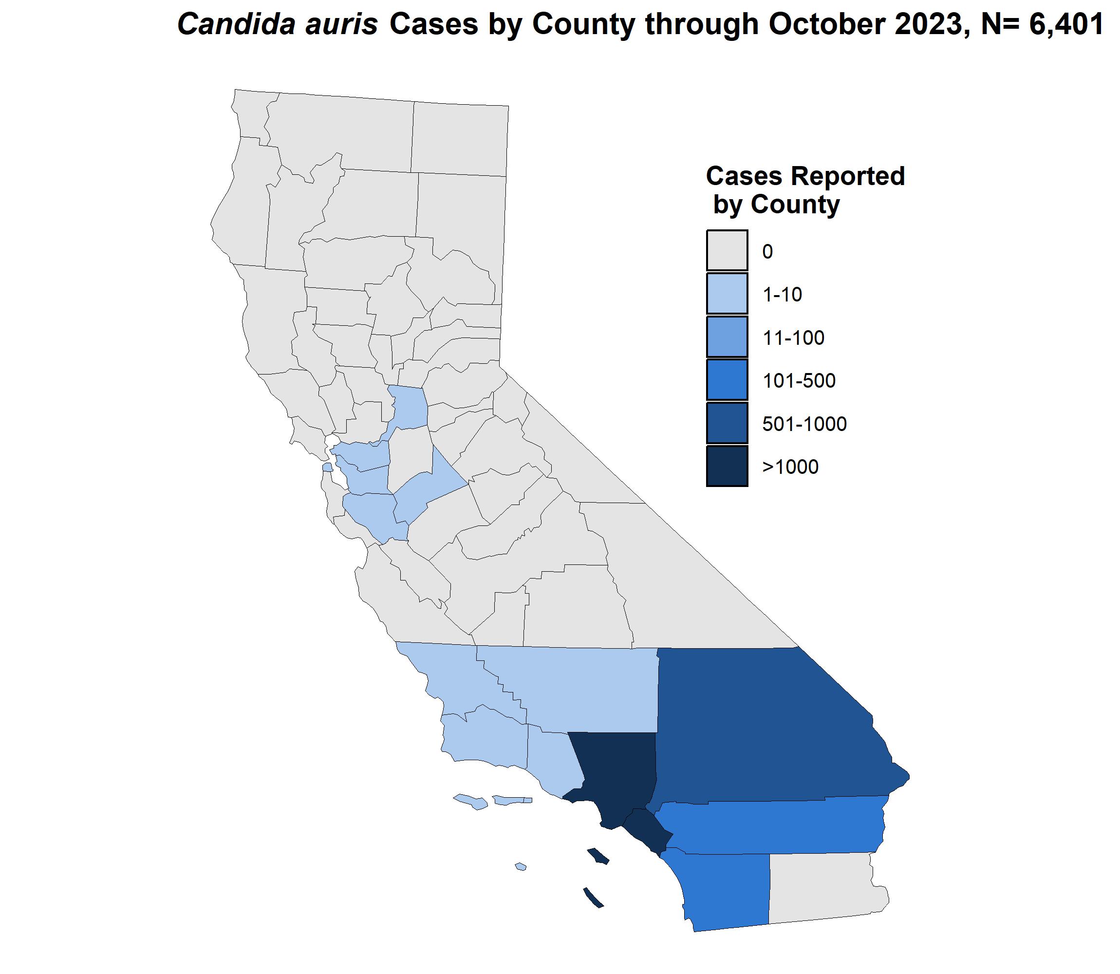 Map of California, divided by counties. Counties are colored by case counts through the end of October 2023. 