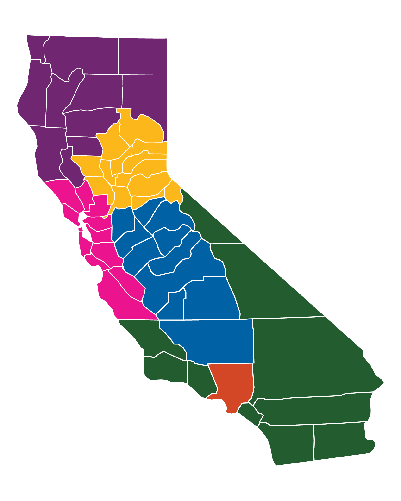 Regional Public Health map of CA (Rural North, Greater Sierra Sacramento, Bay Area, Central and Southern)