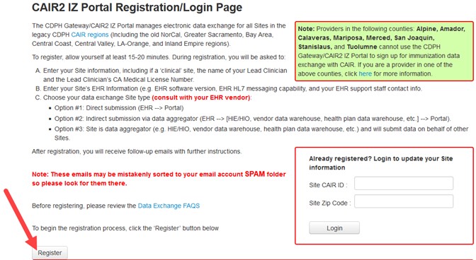 Image showing where to find the register button on the CAIR2 IZ Portal Page.