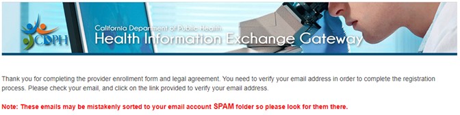 Image showing the confirmation page and that a verification email is being sent.