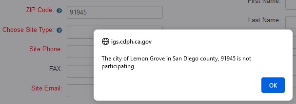 Image showing a popup that indicates the provider's San Diego city is not participating. Click "OK"