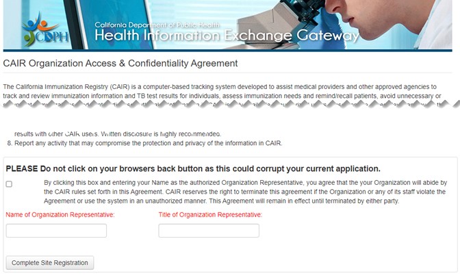 Image showing the CAIR Organization Access & Confidentiality Agreement to review and e-sign