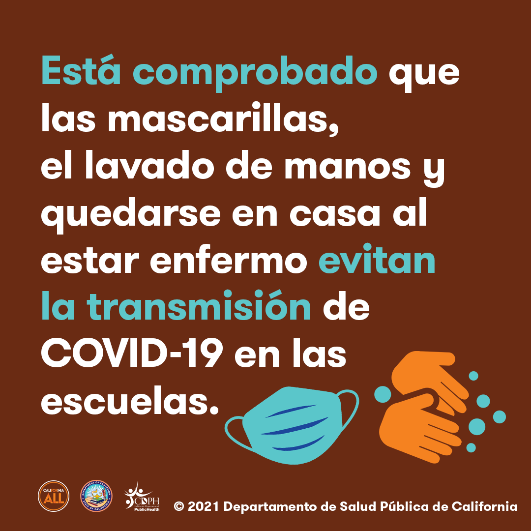 Las mascarillas, el lavado de manos y quedarse en casa al estar enfermo evitan la transmisión de COVID-19 en las escuelas. 