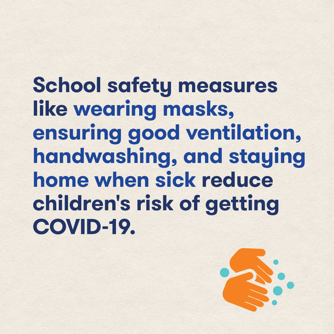School safety measures like wearing masks, ensuring good ventilation, handwashing, & staying home when sick reduce risk of COVID