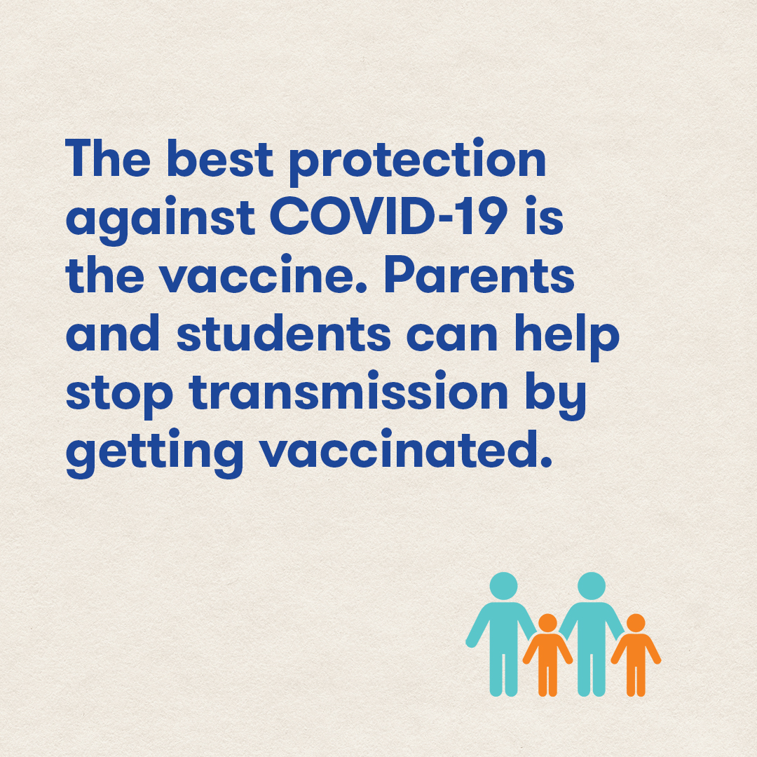 The best protection against COVID-19 is the vaccine. Parents and students can help stop tranmission by getting vaccinated