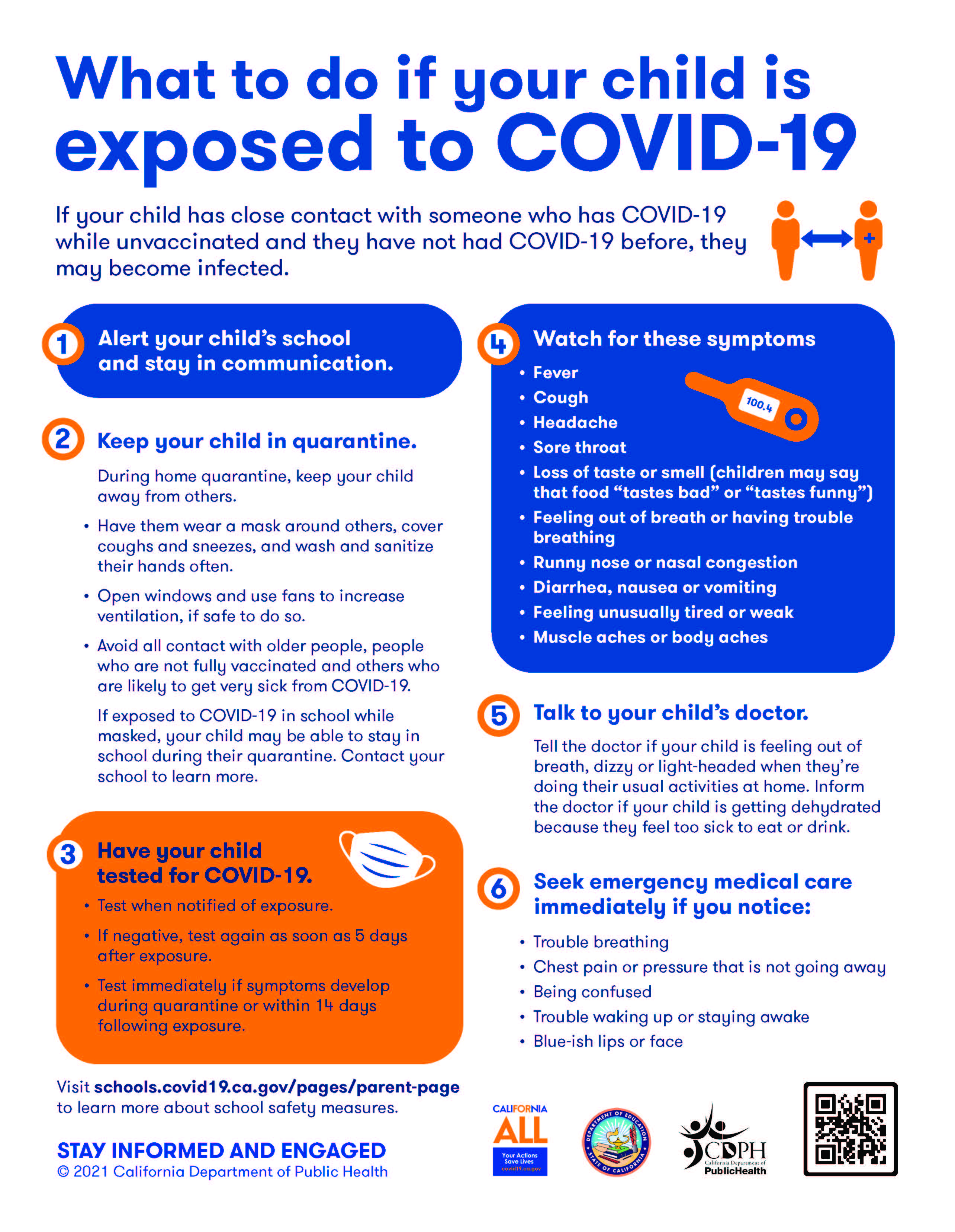 What to do if your child is exposed to COVID-19. © 2021 California Department of Public Health