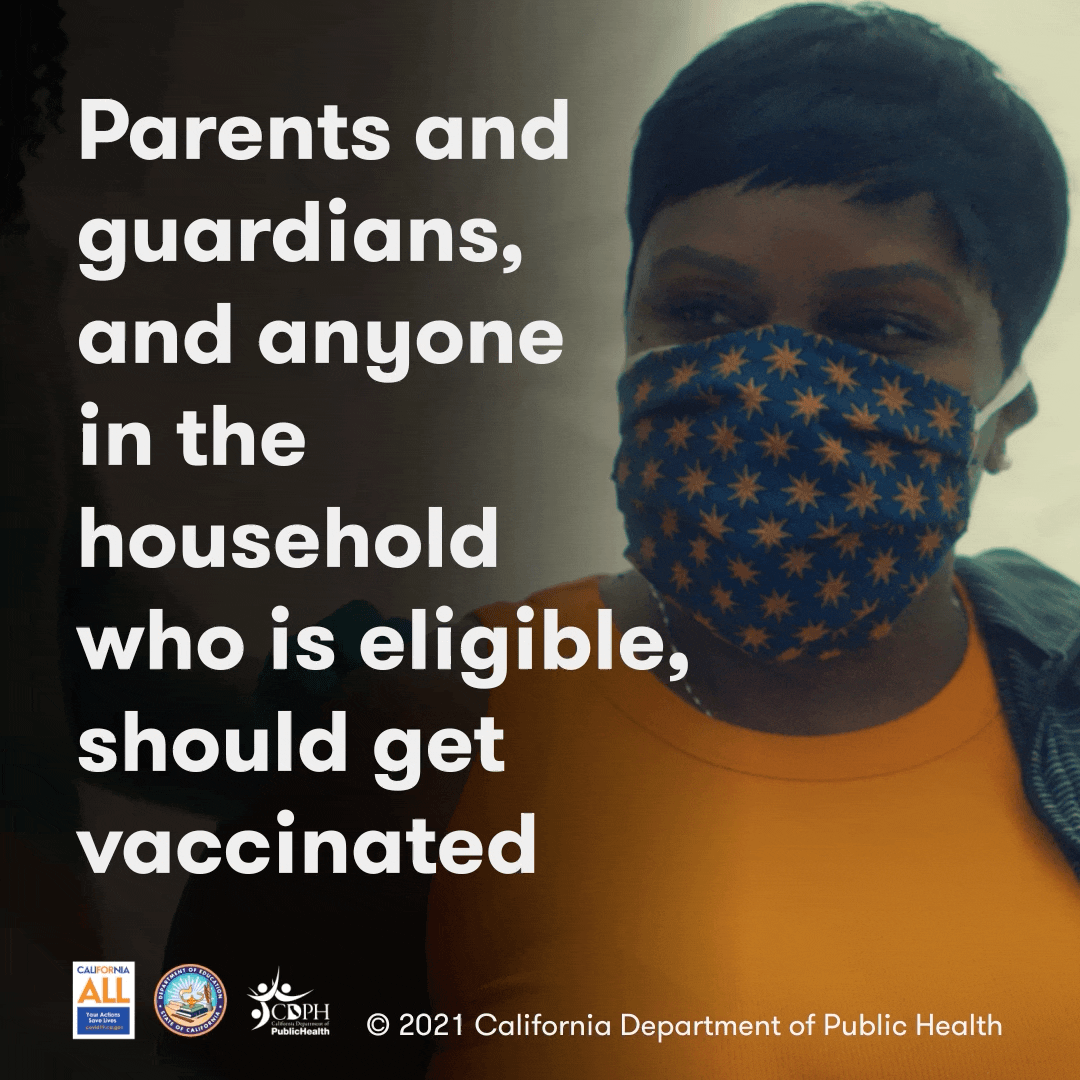 Parents and guardians and anyone in the household who is eligible, should get vaccinated. © 2021 California Department of Public