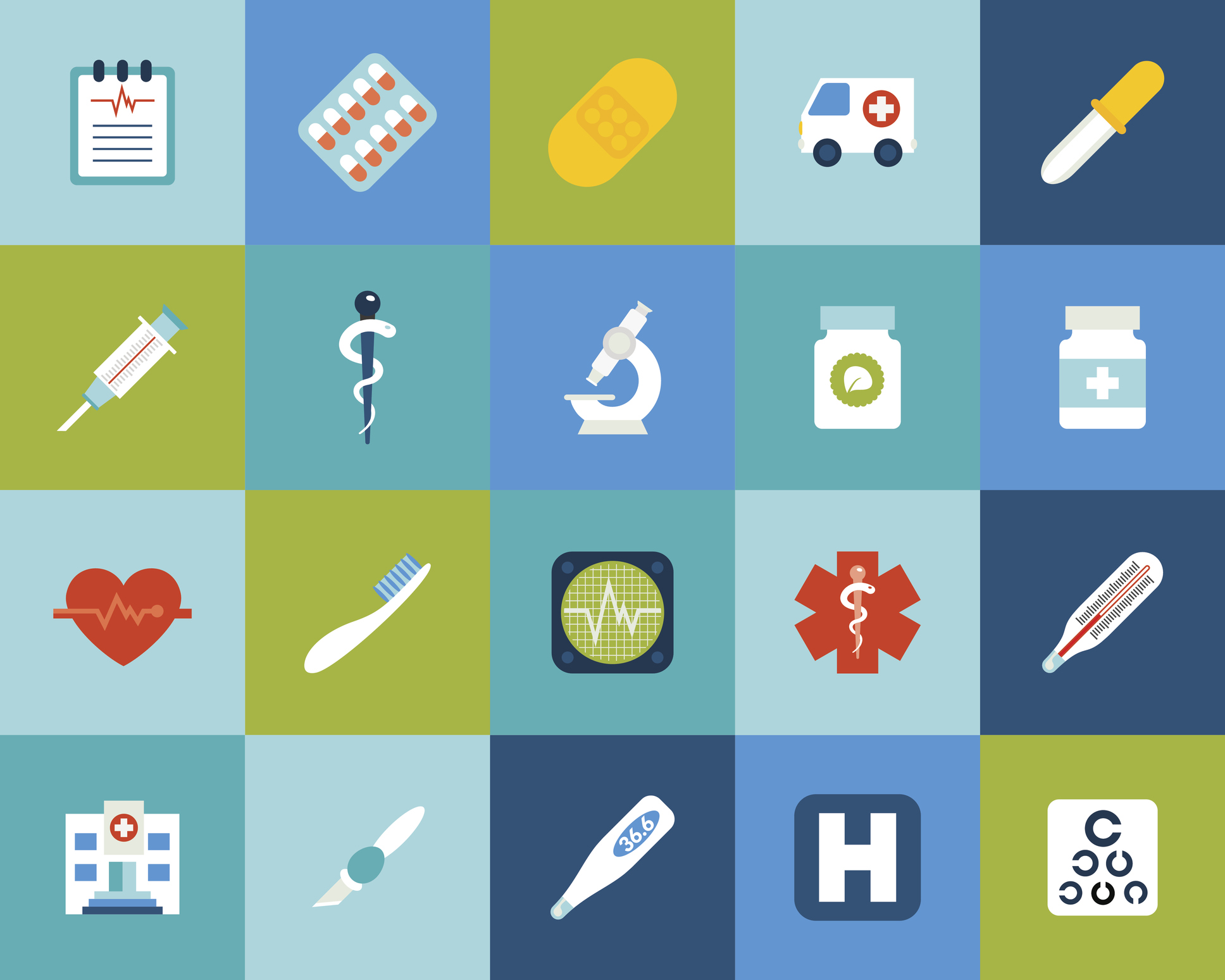 A grid of Medical icons such as hospital, thermometer, syringe etc