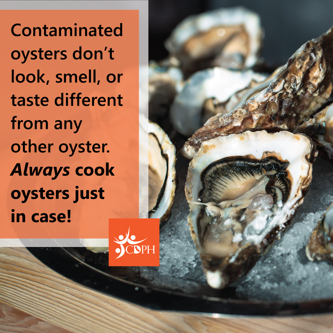 Contaminated oysters don't look, smell, or taste different from other oysters. Always cook oysters just in case!