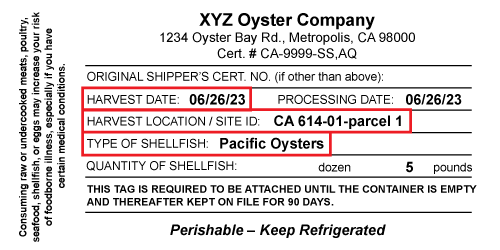 Example of oyster tag with harvest date, location, and shellfish type highlighted.