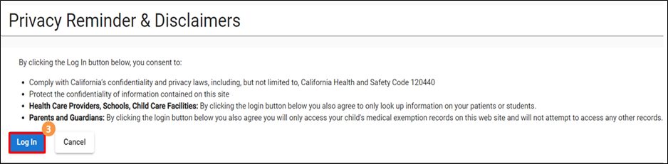 Privacy Reminder & Disclaimers box highlighting Log In button.