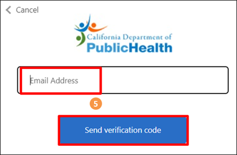 Email address dialog box highlighting where to enter email address and the Send Verification Code button.