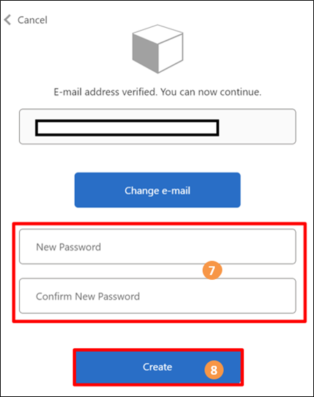 Verification screen highlighting where to enter new password and the Create button.
