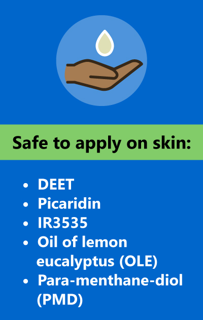 Safe to apply on skin: DEET, picaridin, IR3535, OLE, and PMD