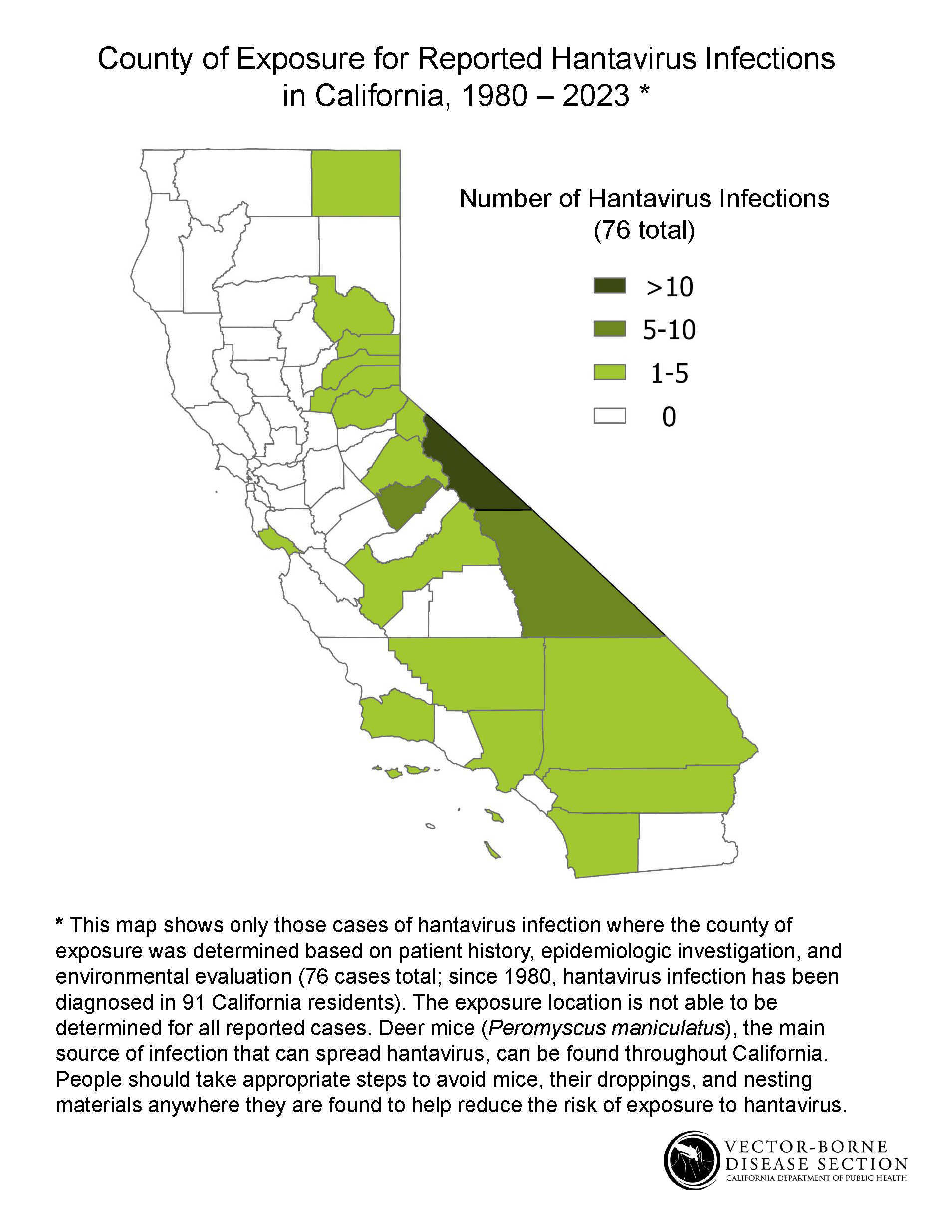 Map of county of exposure for reported hantavirus infections in California