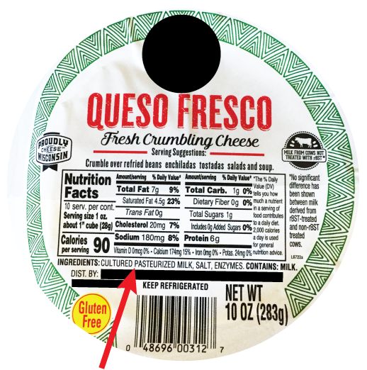 Queso Fresco cheese label showing pasteurized milk in ingredients