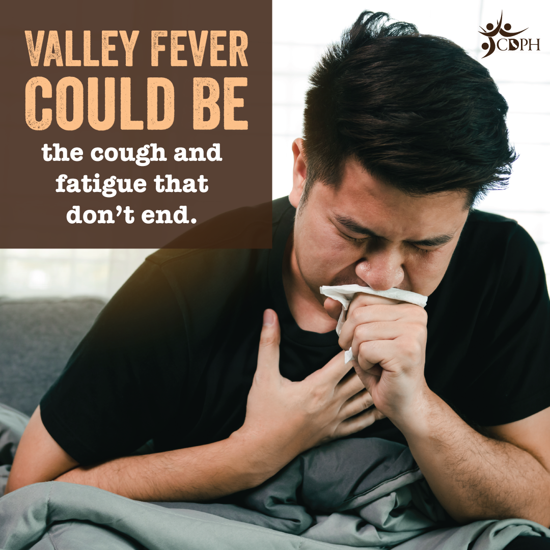 Valley fever could be the cough and fatigue that don't end. Man coughing and holding his chest.